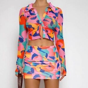 Tiger Mist 3-piece Florence Set w Skirt, Tube Top, and Sheer Button-Down Top